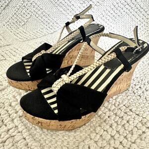 Steve Madden Women's Black Rope Espadrille Cork Wedge Sandal Size 6 Ankle Strap